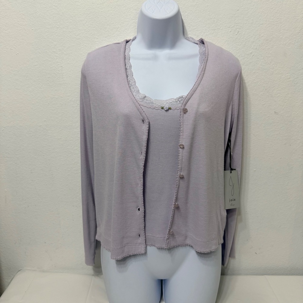 Joie Sleep Womens Lavender Ribbed Pajama Set Cardigan Camisole Lace Trim Small